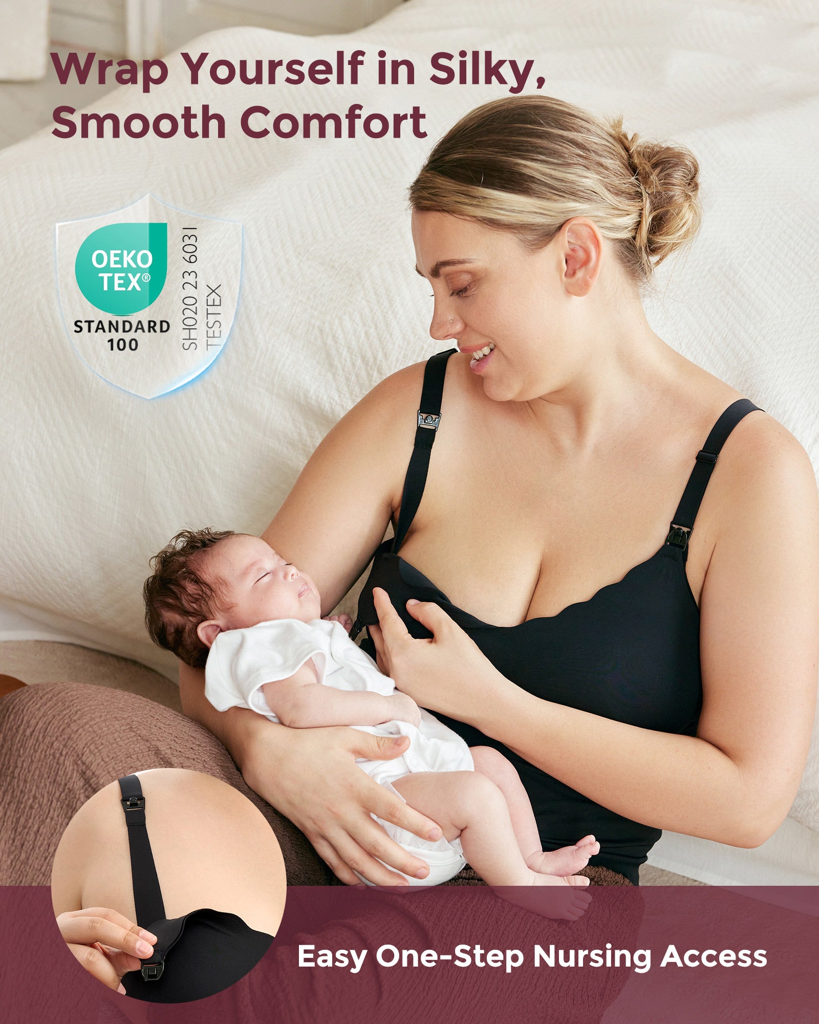 Mom in black Maternity Nursing & Pumping Tank Top holding baby with easy nursing access clips.