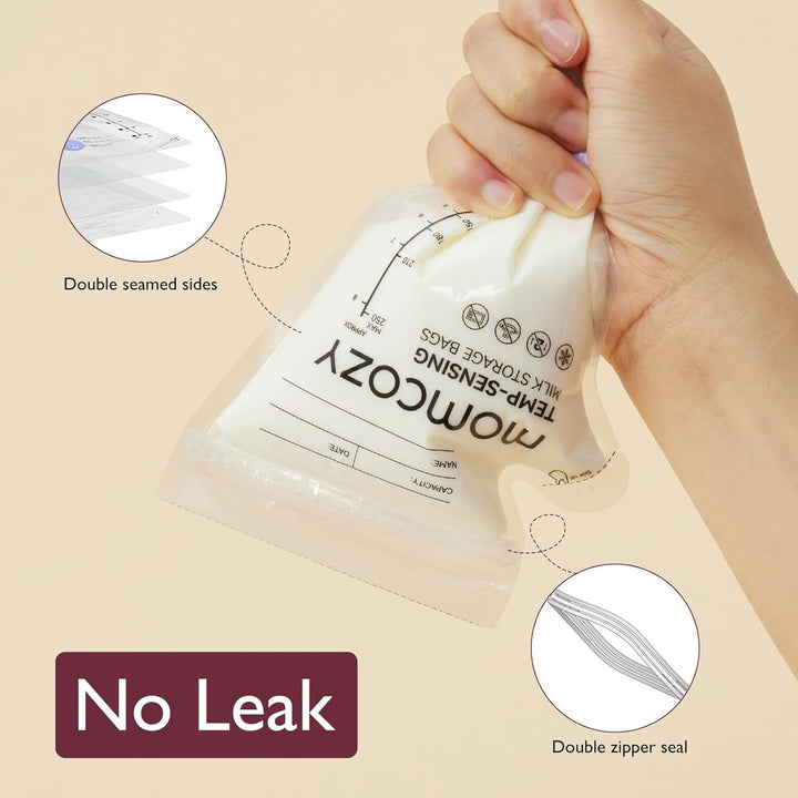 Hand holding Momcozy breastmilk storage bag emphasizing no leak and double zipper seal.