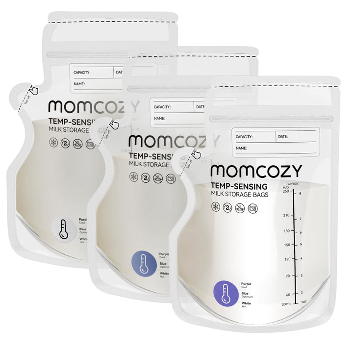 Momcozy Temp-Sensing milk storage bags with measurement markings and double zipper seal