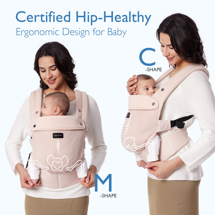 Momcozy hip-healthy ergonomic baby carrier illustrating M-shape and C-shape support.