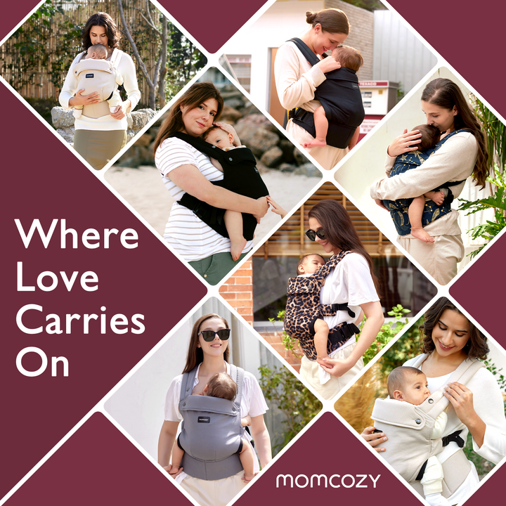 Mothers happily using Momcozy baby carriers in diverse styles and settings.