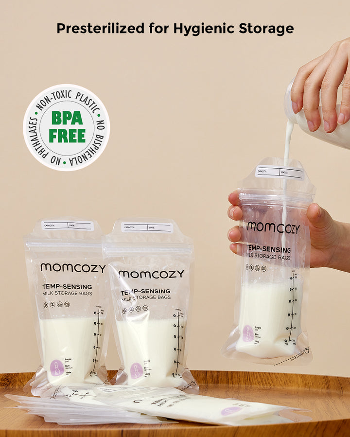 Momcozy presterilized breastmilk storage bags with easy-pour feature and BPA-free label.