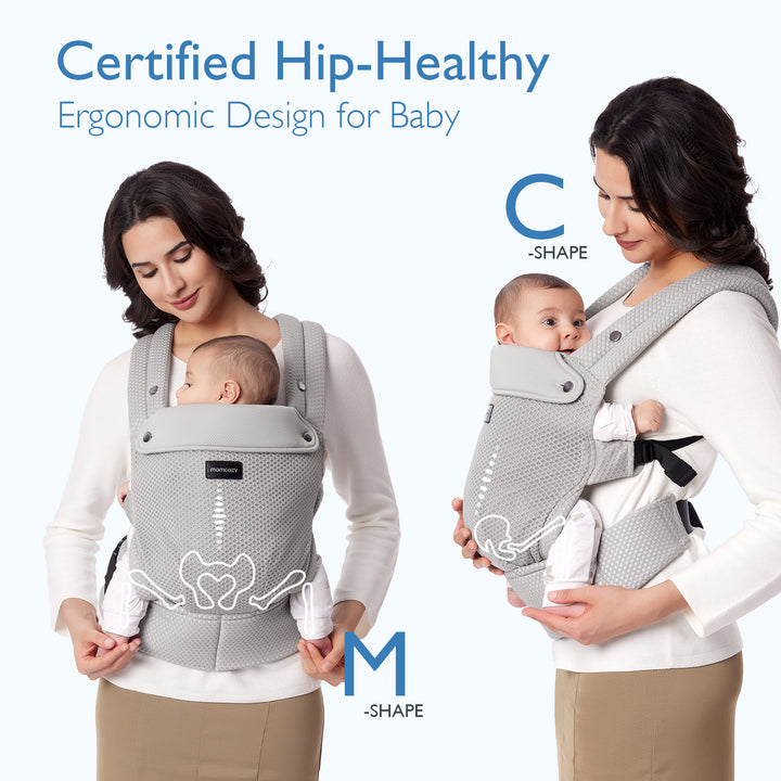 Certified hip-healthy Momcozy baby carrier showcasing ergonomic M-shape and C-shape designs.