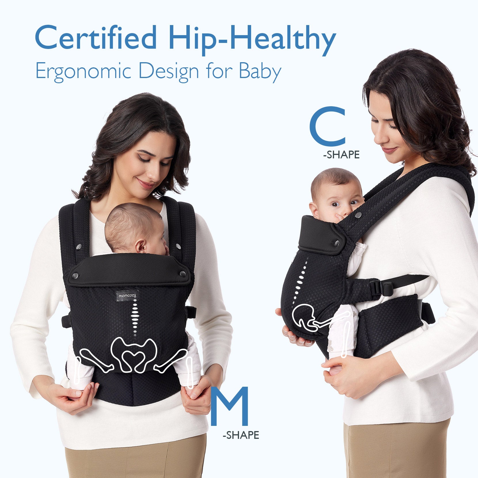 Momcozy PureHug baby carrier in black, demonstrating ergonomic M-shape and C-shape design for hip-healthy babywearing.