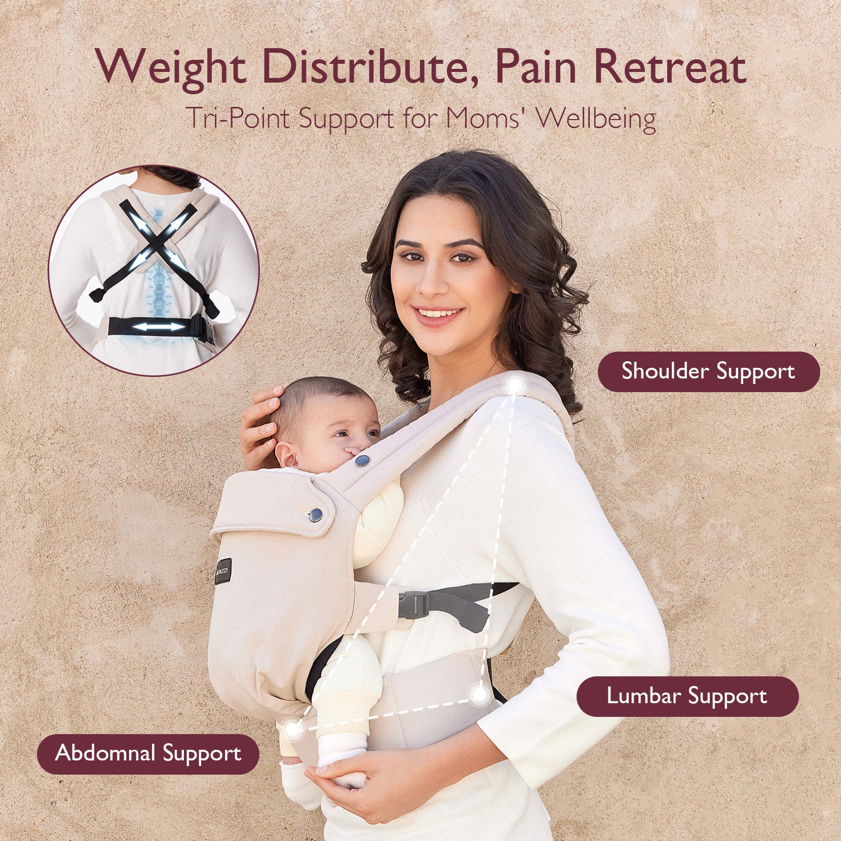 Momcozy PureHug beige baby carrier, providing support for mothers and comfortable babywearing.