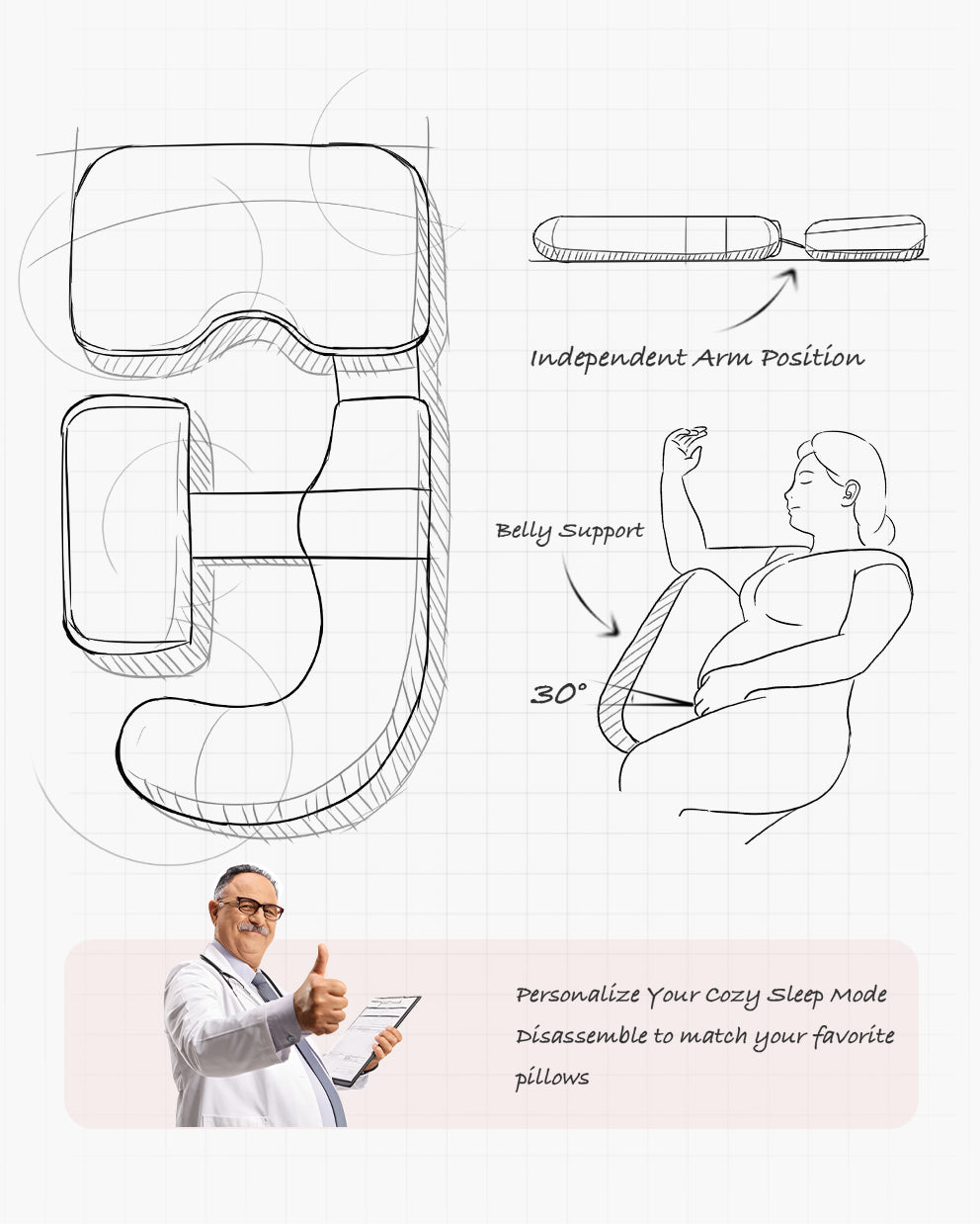 Sketches of G Shaped Pro Pregnancy Pillow showing belly support and customizable features.