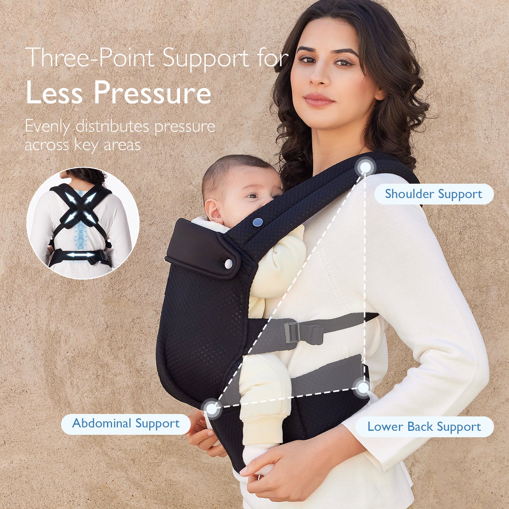 Black Momcozy PureHug carrier, babywearing with shoulder, back, and abdominal support, offering comfort.