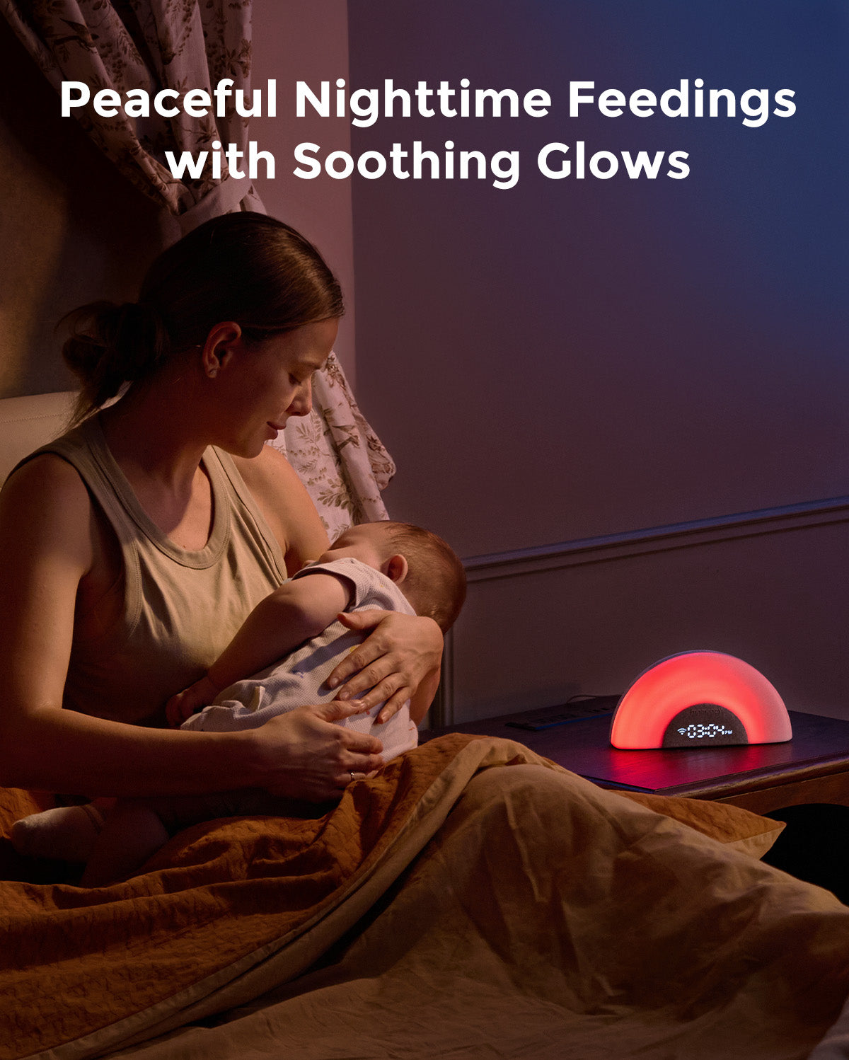 Momcozy DreamSync light for baby, nighttime feeding with mother and child, includes product and soothing rainbow light.