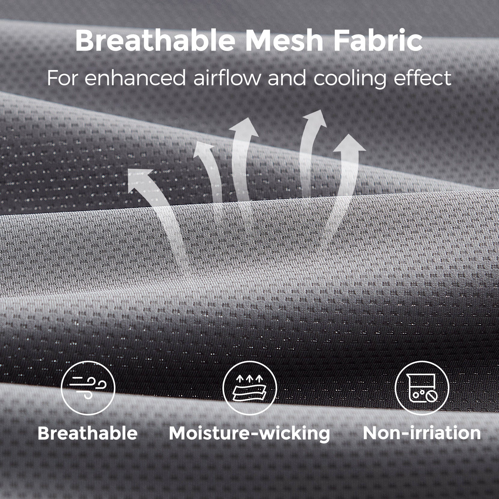 Momcozy baby carrier, breathable gray mesh fabric for baby comfort, enhanced airflow, moisture-wicking and non-irritating.