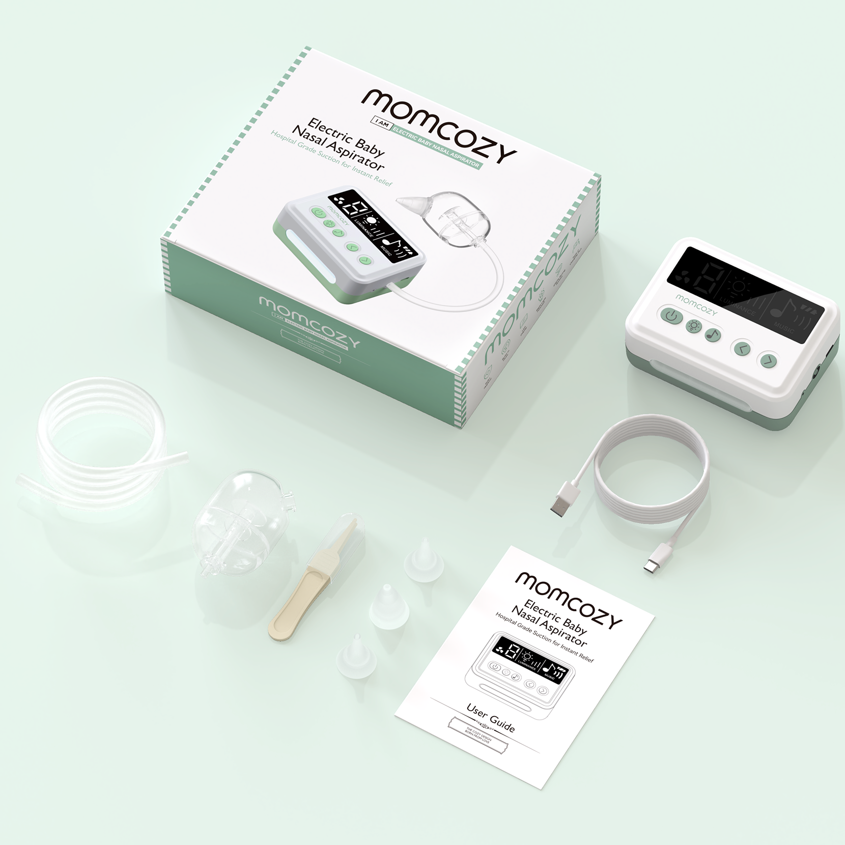 Momcozy Electric Baby Nasal Aspirator, featuring a digital display, white and green design, and included accessories.