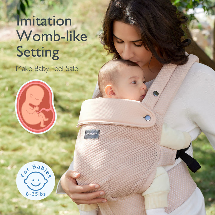 Air Mesh-Pink Momcozy ergonomic baby carrier promoting womb-like comfort for infants 8-35 lbs.