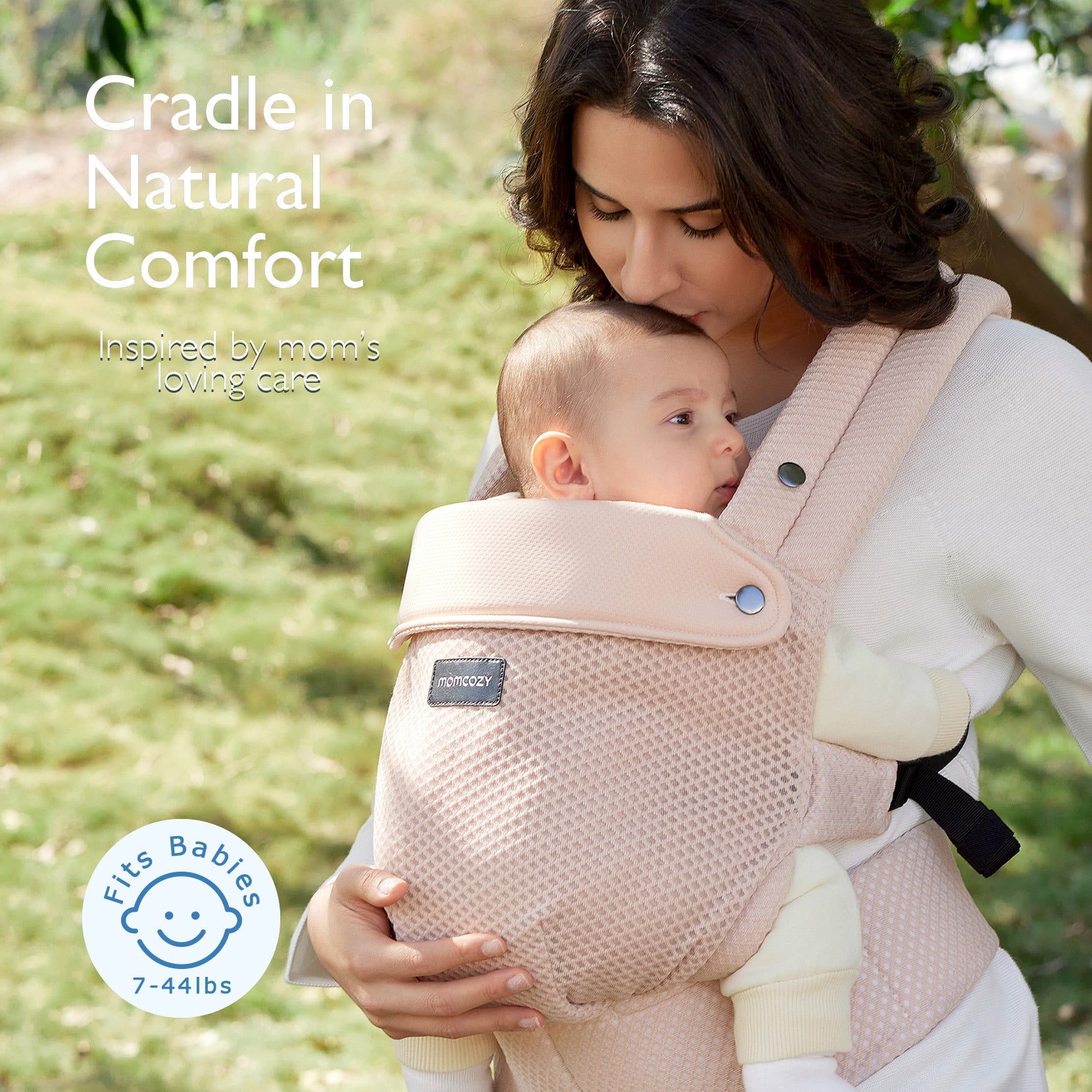 Momcozy PureHug beige baby carrier, comfortable design with mother babywearing, supporting babies 7-44lbs.