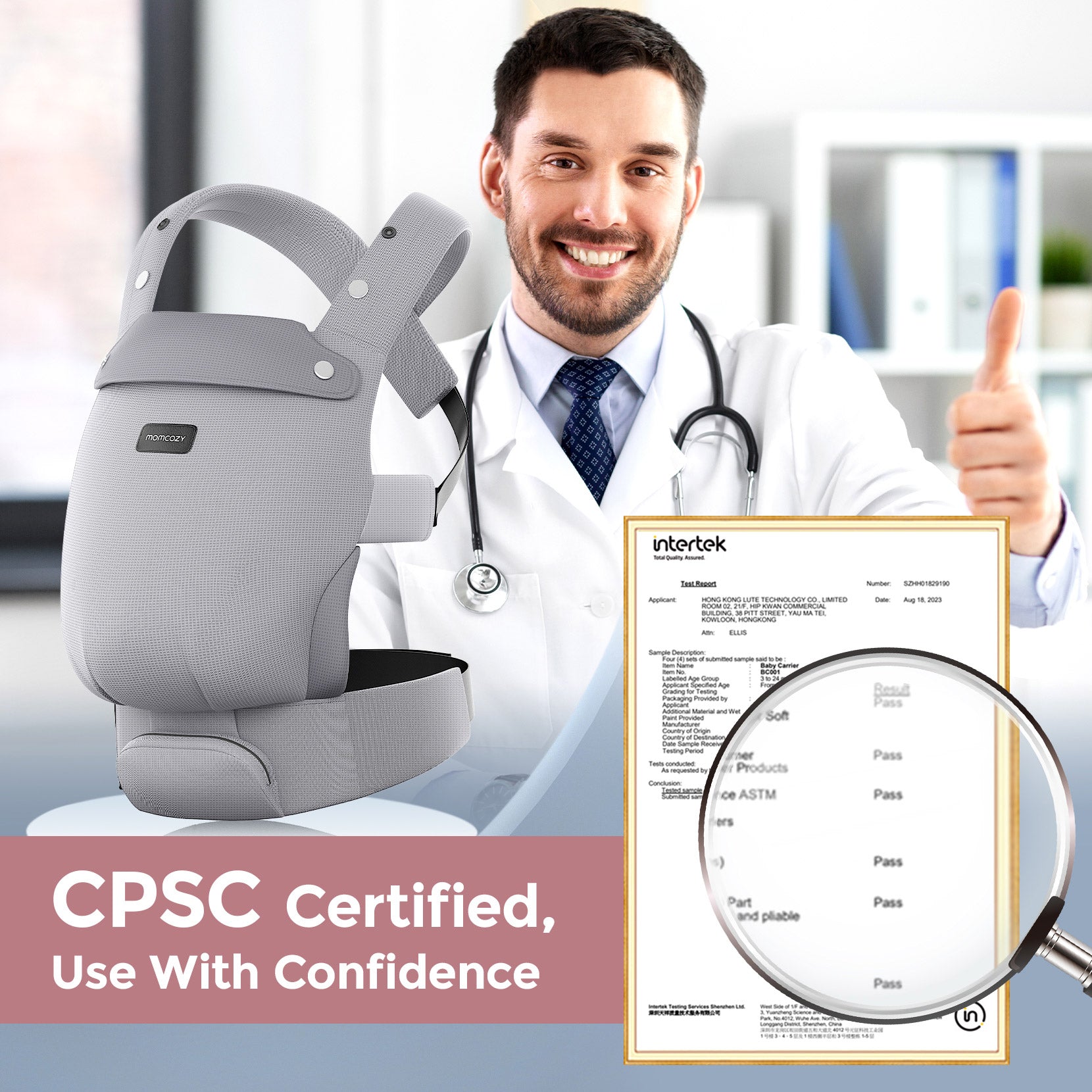 Momcozy baby carrier, CPSC certified, light gray, doctor-approved for safety. Ergonomic design provides comfort and support.