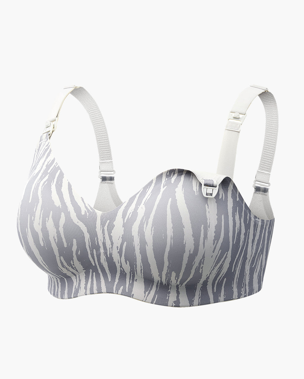 Ultra-soft gray zebra maternity nursing bra with adjustable straps and clasp.