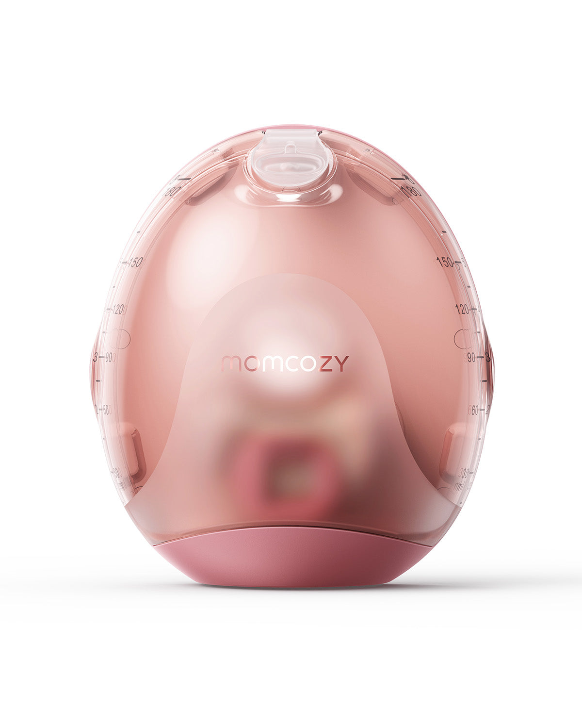Momcozy Air 1 ultra-slim breast pump in pink with measurement markings and 'momcozy' logo, product display.