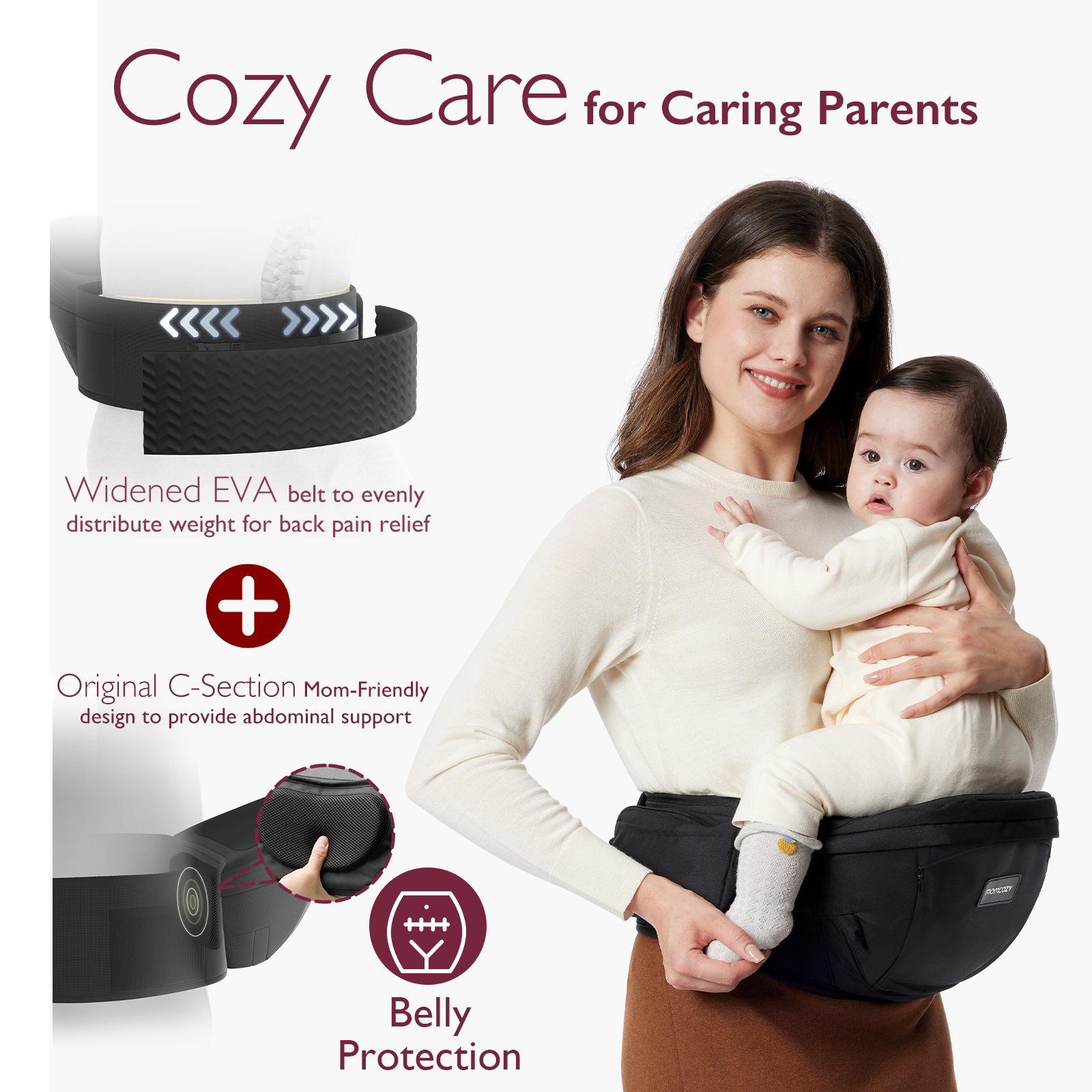 Black Momcozy Wander360 hip seat carrier: ergonomic design with wide belt, supports baby and parent comfort.