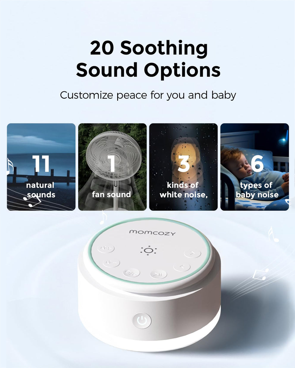 Momcozy baby sound machine with 20 sound options for baby sleep. Includes natural sounds, fan sound, and white noise.