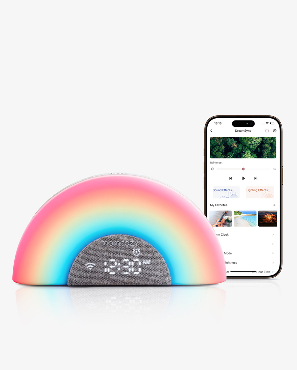 Momcozy DreamSync baby sound machine with rainbow light and app control, featuring the time, and rainforest sound options.