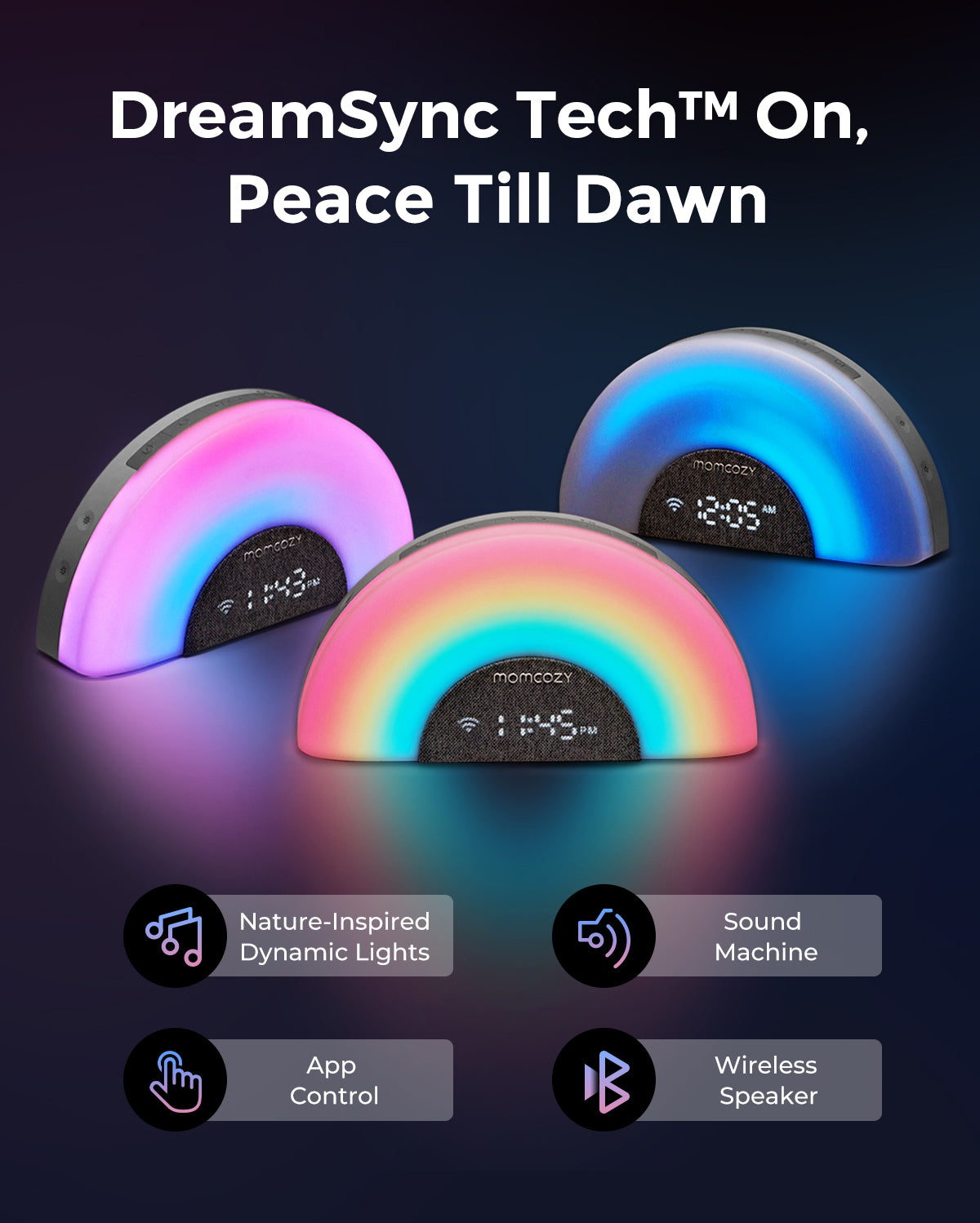 DreamSync Tech Smart Baby Sound Machine by Momcozy with rainbow light, app control, and wireless speaker for babies.