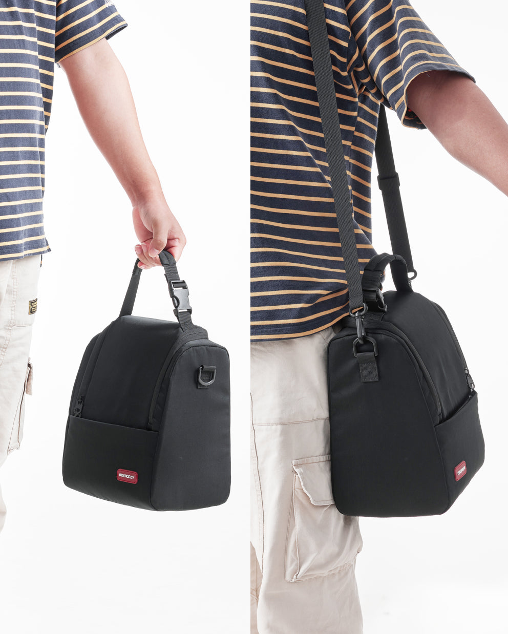Momcozy Black Insulated Baby Bottle Bag. Adjustable strap and handle. Ideal for bottles and breast pump accessories.