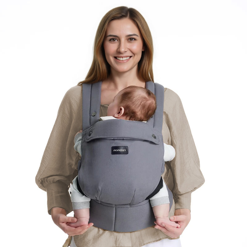 Momcozy PureHug baby carrier in grey, with mother and baby. Comfortable and supportive design for babywearing.