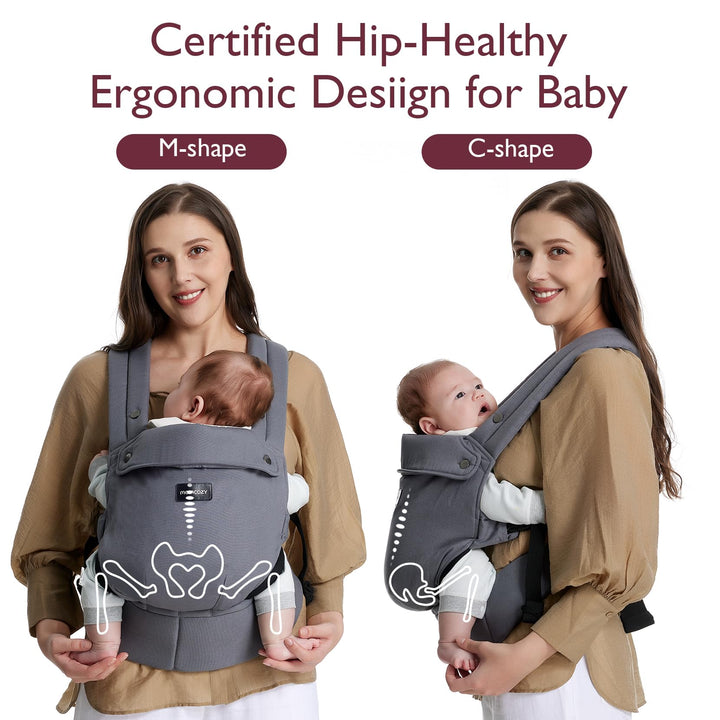 Certified ergonomic baby carrier design promoting healthy hip positioning for infants.