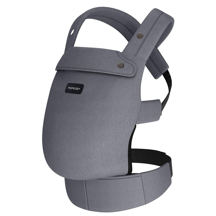 Gray Momcozy ergonomic baby carrier with adjustable straps and padded waist for comfort.