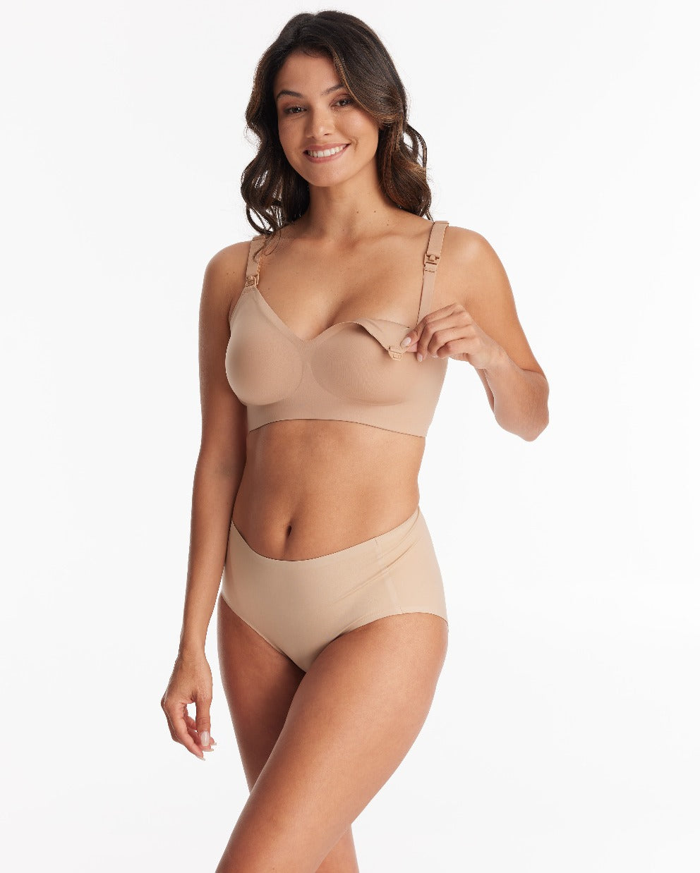 Light nude YN21 Ultra Soft Seamless Nursing Bra on model, featuring easy one-hand clip for quick nursing or M5 pump access.