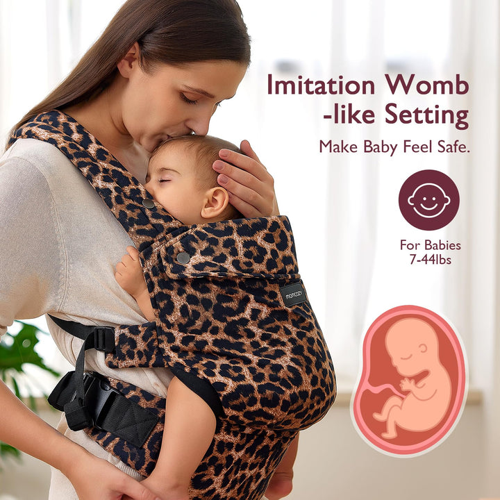 Woman carrying baby in Momcozy leopard color baby carrier with text 'Imitation Womb-like Setting - Make Baby Feel Safe. For Babies 7-44lbs,' and a graphic of a sleeping baby in a womb
