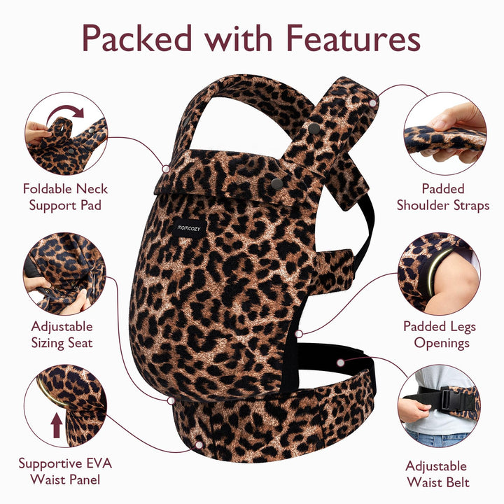 Leopard print baby carrier with foldable neck support, padded shoulder straps, adjustable sizing seat, padded leg openings, supportive EVA waist panel, and adjustable waist belt. Text reads 'Packed with Features'.