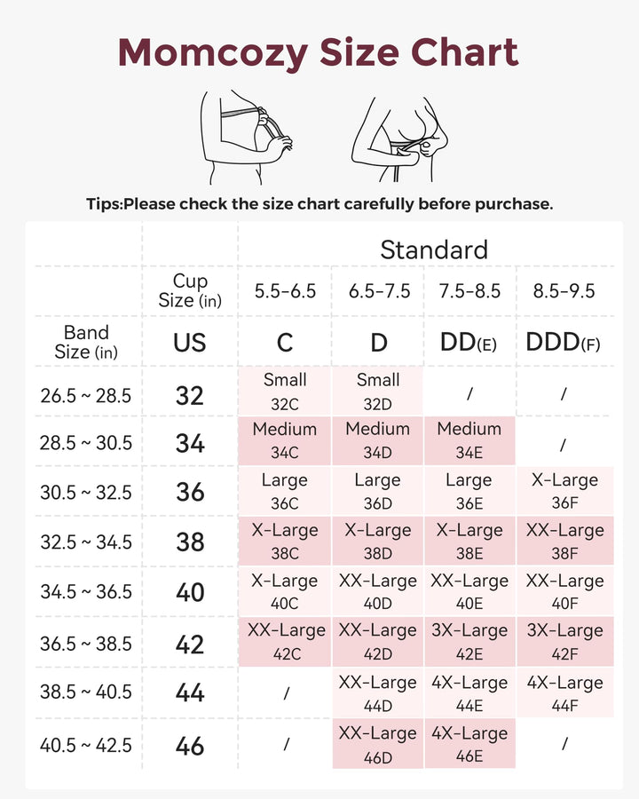 Momcozy HF022 4-in-1 hands-free seamless pumping bra size chart for choosing the right fit before purchase.