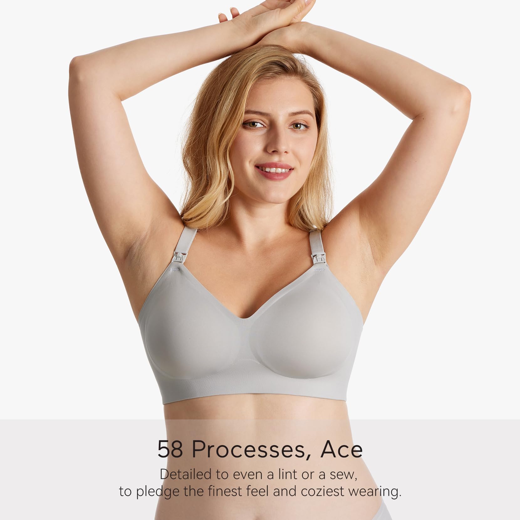 Light grey Ultra Soft Seamless Nursing Bra YN21 on model, showcasing V-neck, superior comfort & M5 pump compatibility.