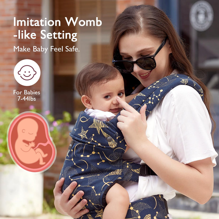 Navy Momcozy ergonomic baby carrier with starry night pattern, providing womb-like comfort for infants.