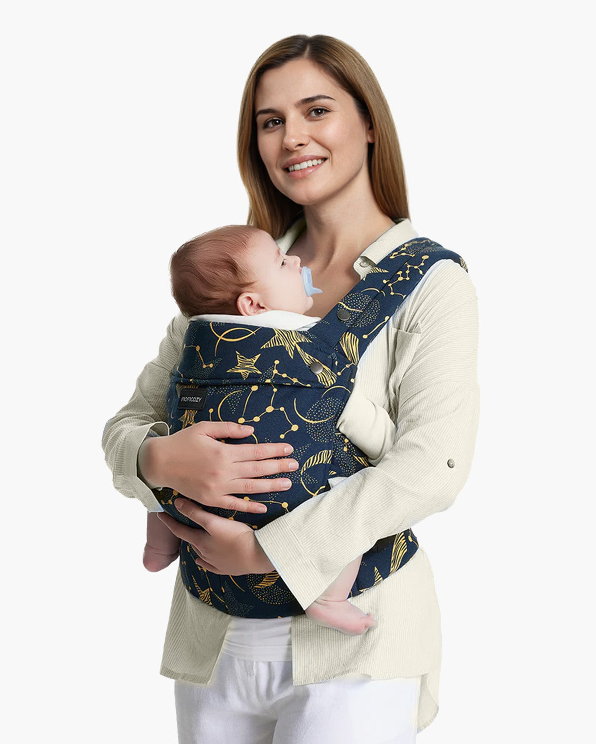 Momcozy PureHug baby carrier in Starry Night design, navy blue with gold star pattern, comfortable baby carrier for mothers.