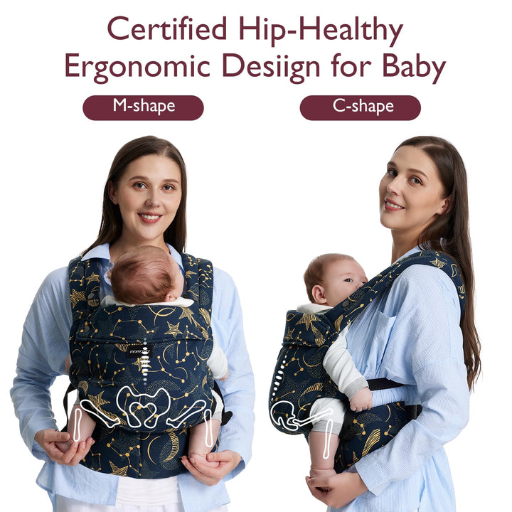 Momcozy baby carriers promoting hip-healthy M-shape and C-shape designs for infants.