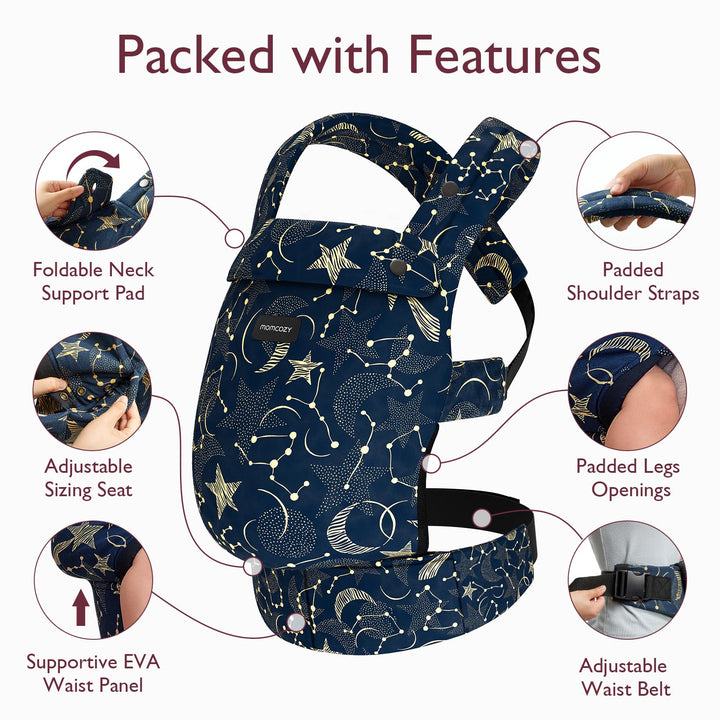 Momcozy ergonomic baby carrier with star design, showcasing padded straps and features.