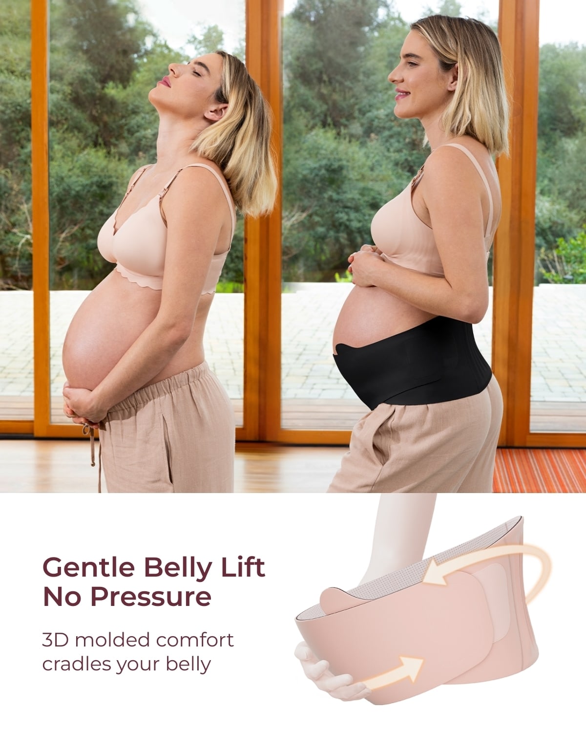 Momcozy Maternova belly band in black, demonstrating gentle belly lift and 3D molded comfort for pregnant women.