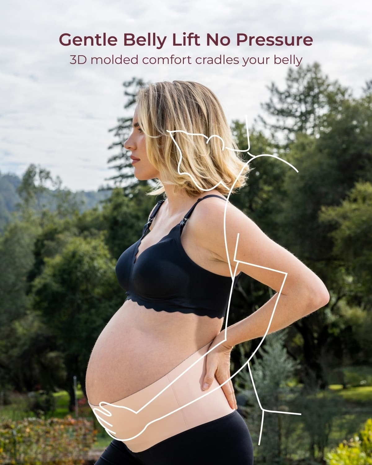 Momcozy Maternova belly band in light beige on pregnant model, showing gentle belly support and contour.