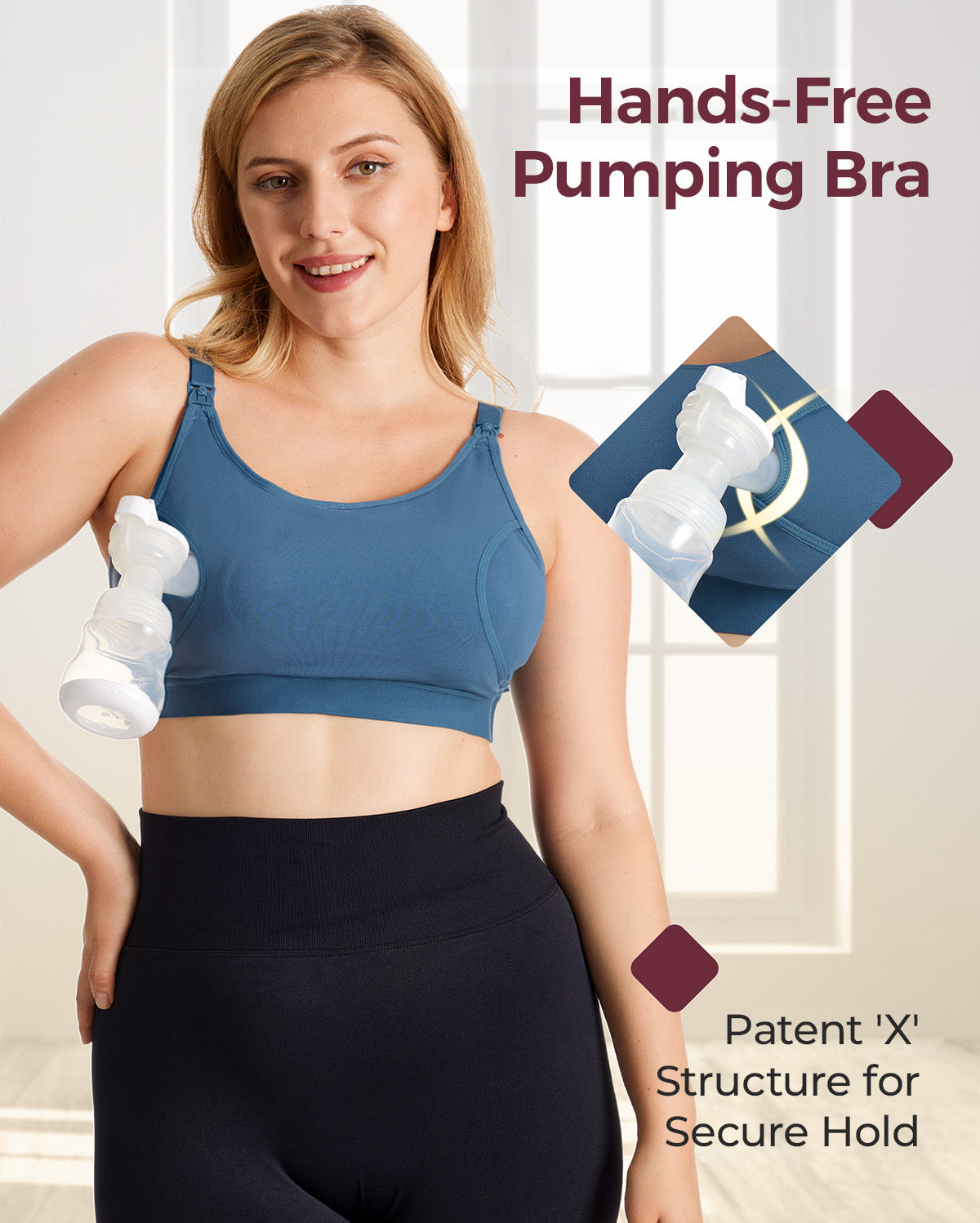 Blonde model in dusty blue YN08 pumping bra, hands-free with secure 'X' structure for pump hold.