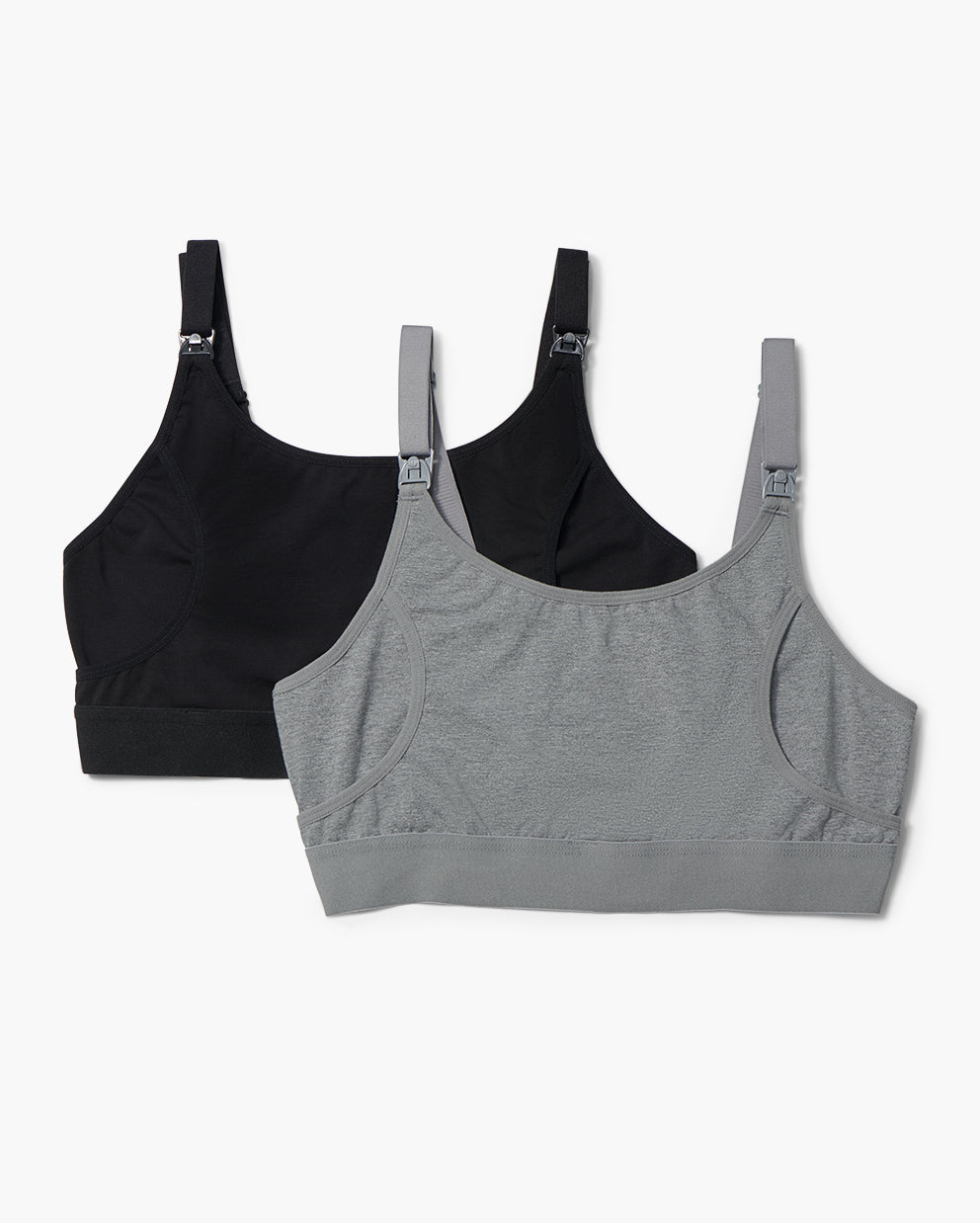 Black and heather grey YN08 basic pumping bras. Features adjustable straps, nursing clips, and wide supportive underband.