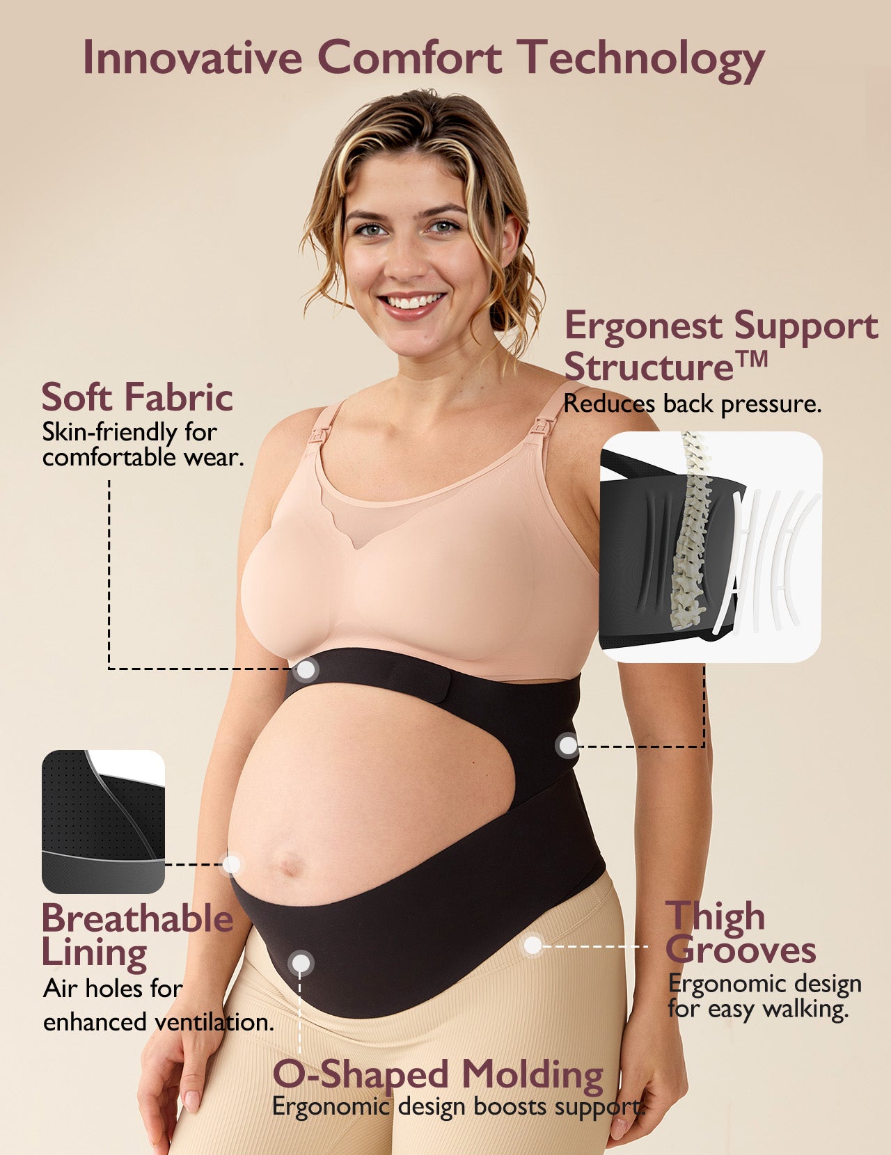 Pregnant person wears black BumpEase maternity band: Ergonest support, O-shape molding, soft, breathable.