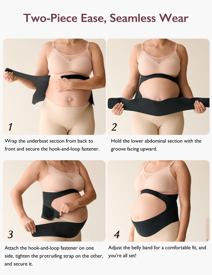 Instructions for the four-step process of wearing the Momcozy Ergonest Maternity Belly Band, featuring a soft, snug fit for easy dressing.