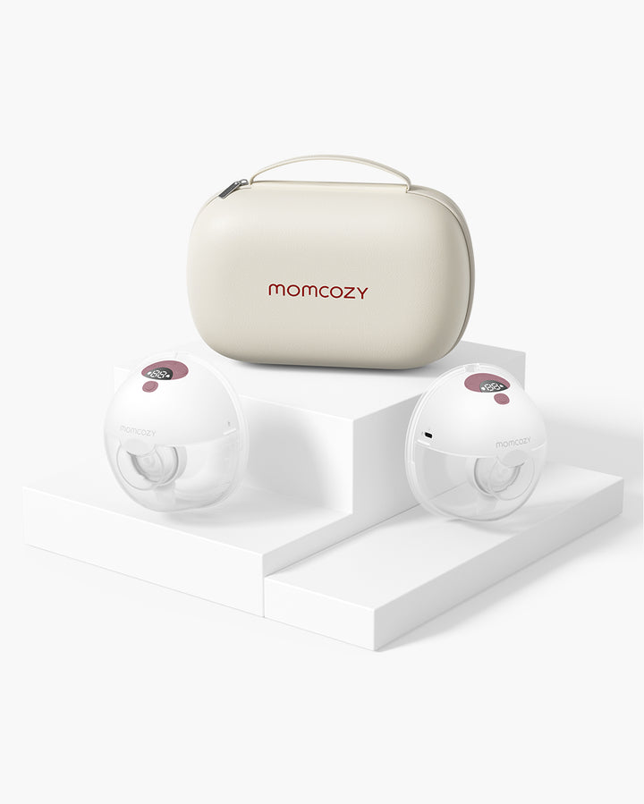 Momcozy M5 Wearable Breast Pump with stylish storage case on white pedestal.