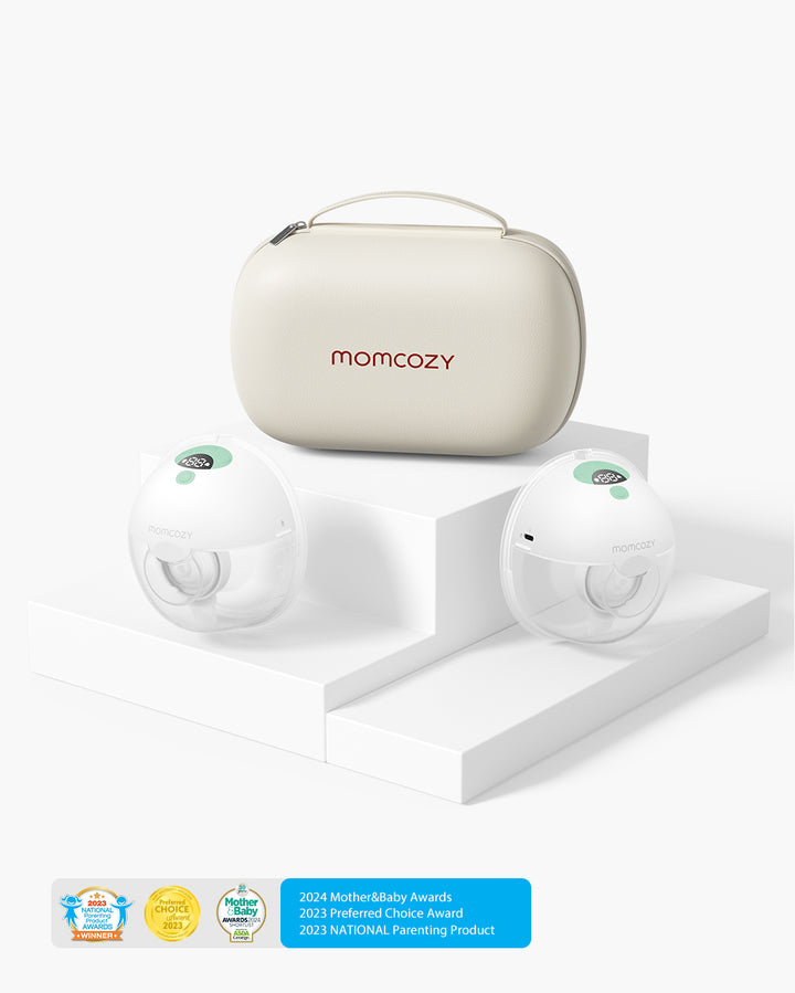 Momcozy M5 Wearable Breast Pump with storage case and 2024 awards displayed.