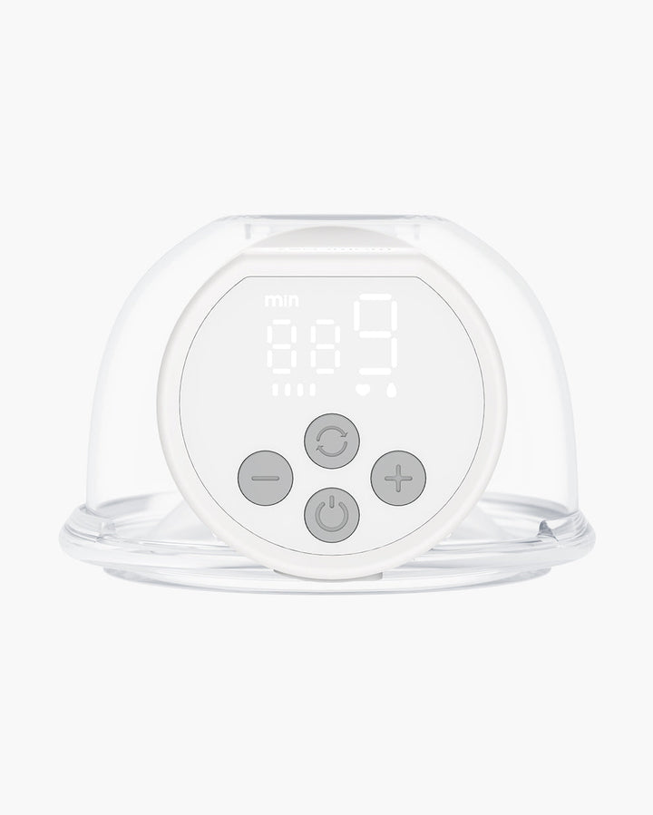 Close-up of Momcozy S12 Pro wearable breast pump base with digital display and controls.