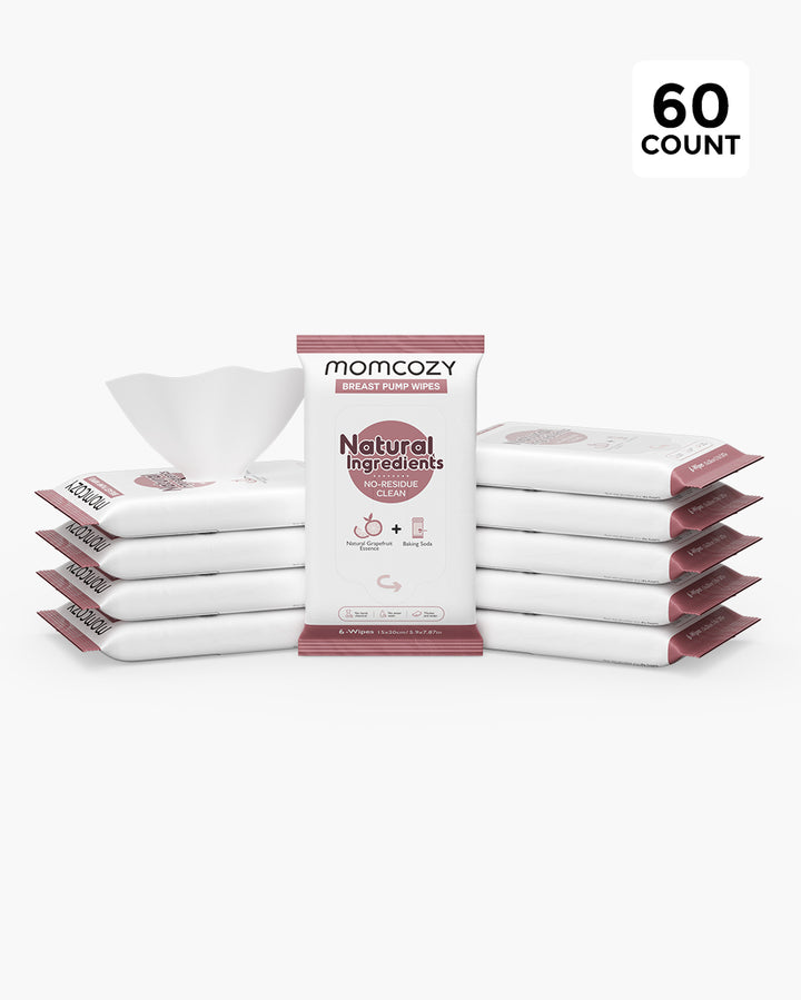 Momcozy Natural Breast Pump Wipes pack of 60, featuring natural ingredients and easy access design.