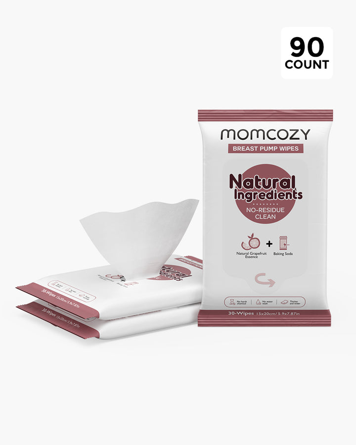 Momcozy Natural Breast Pump Wipes, 90 count in a three-pack bundle, designed for no-residue cleaning.