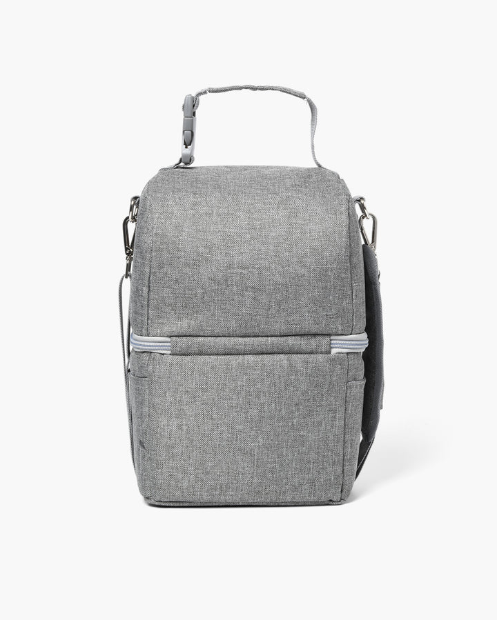 Stylish gray breastmilk cooler bag with adjustable side pocket for convenient storage.